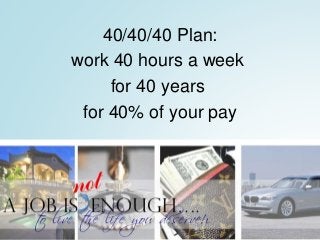 40/40/40 Plan:
work 40 hours a week
for 40 years
for 40% of your pay
 