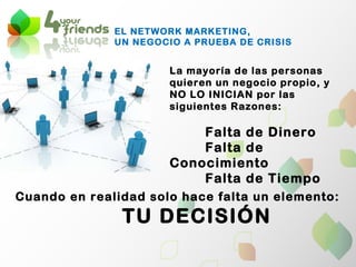 EL NETWORK MARKETING,  UN NEGOCIO A PRUEBA DE CRISIS Cuando en realidad solo hace falta un elemento:  TU DECISIÓN La mayoría de las personas quieren un negocio propio, y NO LO INICIAN por las siguientes Razones: Falta de Dinero Falta de Conocimiento Falta de Tiempo 