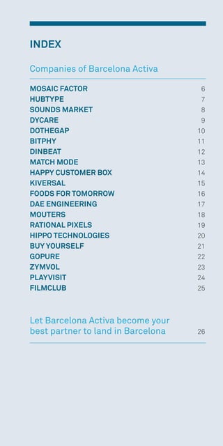 INDEX
Companies of Barcelona Activa
MOSAIC FACTOR	6
HUBTYPE	7
SOUNDS MARKET	8
DYCARE	9
DOTHEGAP	10
BITPHY	11
DINBEAT	12
MATCH MODE	13
HAPPY CUSTOMER BOX	14
KIVERSAL	15
FOODS FOR TOMORROW	16
DAE ENGINEERING	17
MOUTERS	 18
RATIONAL PIXELS	19
HIPPO TECHNOLOGIES	20
BUY YOURSELF	21
GOPURE	22
ZYMVOL	23
PLAYVISIT	24
FILMCLUB	25
Let Barcelona Activa become your
best partner to land in Barcelona	26
 