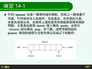 10 類別
練習 14-1
 佇列(queue)也是一種資料儲存機制，但與上一題堆疊不
同處，佇列保持存入的順序，也就是說，先存進的元素，
也會先被取出來，在應用上通常是用來模擬跟排隊有關的
問題。元素是由尾部(back)推入稱為 push，由前方
(front)取出稱為 pop，如下圖。請使用類別設計
Queue 類別的相關方法使其得以完成以下的動作：
101
 