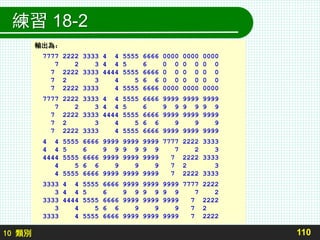 10 類別
練習 18-2
110
輸出為：
7777 2222 3333 4 4 5555 6666 0000 0000 0000
7 2 3 4 4 5 6 0 0 0 0 0 0
7 2222 3333 4444 5555 6666 0 0 0 0 0 0
7 2 3 4 5 6 6 0 0 0 0 0 0
7 2222 3333 4 5555 6666 0000 0000 0000
7777 2222 3333 4 4 5555 6666 9999 9999 9999
7 2 3 4 4 5 6 9 9 9 9 9 9
7 2222 3333 4444 5555 6666 9999 9999 9999
7 2 3 4 5 6 6 9 9 9
7 2222 3333 4 5555 6666 9999 9999 9999
4 4 5555 6666 9999 9999 9999 7777 2222 3333
4 4 5 6 9 9 9 9 9 9 7 2 3
4444 5555 6666 9999 9999 9999 7 2222 3333
4 5 6 6 9 9 9 7 2 3
4 5555 6666 9999 9999 9999 7 2222 3333
3333 4 4 5555 6666 9999 9999 9999 7777 2222
3 4 4 5 6 9 9 9 9 9 9 7 2
3333 4444 5555 6666 9999 9999 9999 7 2222
3 4 5 6 6 9 9 9 7 2
3333 4 5555 6666 9999 9999 9999 7 2222
 