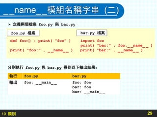 10 類別
__name__模組名稱字串 (二)
29
def foo() : print( ”foo” ) import foo
print( ”bar:” , foo._ _name_ _ )
print( ”foo:” , _ _name_ _ ) print( ”bar:” , _ _name_ _ )
分別執行 foo.py 與 bar.py 得到以下輸出結果：
執行 foo.py bar.py
輸出 foo: _ _main_ _ foo: foo
bar: foo
bar: _ _main_ _
foo.py 檔案
 定義兩個檔案 foo.py 與 bar.py
bar.py 檔案
 