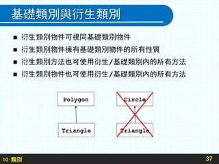 10 類別
基礎類別與衍生類別
 衍生類別物件可視同基礎類別物件
 衍生類別物件擁有基礎類別物件的所有性質
 衍生類別方法也可使用衍生/基礎類別內的所有方法
 衍生類別物件也可使用衍生/基礎類別內的所有方法
37
Polygon
Triangle Triangle
Circle
 