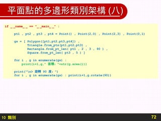 10 類別
平面點的多邊形類別架構 (八)
72
if _ _name_ _ == "_ _main_ _" :
pt1 , pt2 , pt3 , pt4 = Point() , Point(2,0) , Point(2,3) , Point(0,1)
gs = [ Polygon([pt1,pt2,pt3,pt4]) ,
Triangle.from_pts(pt1,pt2,pt3) ,
Rectangle.from_pt_len( pt1 , 2 , 3 , 90 ) ,
Square.from_pt_len( pt3 , 5 ) ]
for i , g in enumerate(gs) :
print(i+1,g," 面積："+str(g.area()))
print("n> 旋轉 90 度：")
for i , g in enumerate(gs) : print(i+1,g.rotate(90))
 