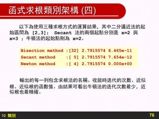 10 類別
函式求根類別架構 (四)
以下為使用三種求根方式的運算結果，其中二分逼近法的起
始區間為 [2,3]； Secant 法的兩個起點分別是 x=2 與
x=3 ；牛頓法的起始點則為 x=2。
輸出的每一列包含求根法的名稱、收斂時迭代的次數、近似
根、近似根的函數值。由結果可看出牛頓法的迭代次數最少，近
似根也最精確。
76
Bisection method :[32] 2.7915574 6.465e-11
Secant method :[ 5] 2.7915574 7.654e-12
Newton method :[ 4] 2.7915574 0.000e+00
 