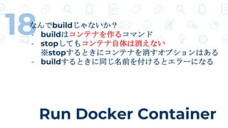 Run Docker Container
18なんでbuildじゃないか？
- buildはコンテナを作るコマンド
- stopしてもコンテナ自体は消えない
※stopするときにコンテナを消すオプションはある
- buildするときに同じ名前を付けるとエラーになる
 