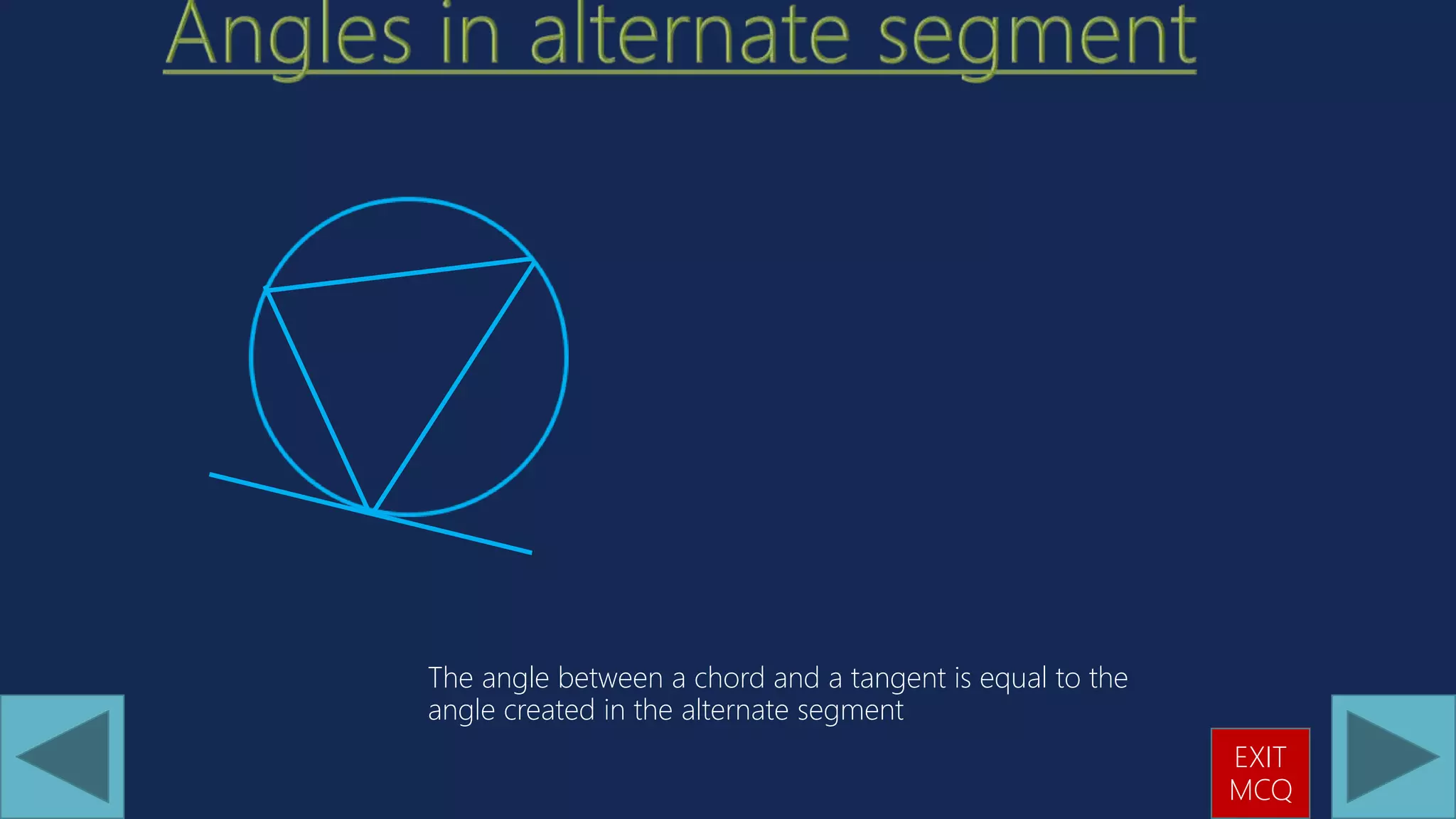 The angle between a chord and a tangent is equal to the
angle created in the alternate segment
EXIT
MCQ
 