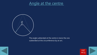 Angle at the centre
𝜃
The angle subtended at the centre is twice the one
subtended at the circumference by an arc.
𝑂
EXIT
MCQ
 