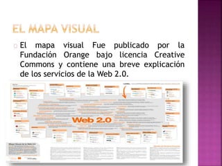 El mapa visual Fue publicado por la
Fundación Orange bajo licencia Creative
Commons y contiene una breve explicación
de los servicios de la Web 2.0.