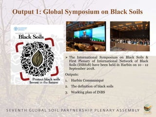 Output 1: Global Symposium on Black Soils
 The International Symposium on Black Soils &
First Plenary of International Network of Black
Soils (ISBS18) have been held in Harbin on 10 - 12
September 2018.
Outputs:
1. Harbin Communiqué
2. The definition of black soils
3. Working plan of INBS
 