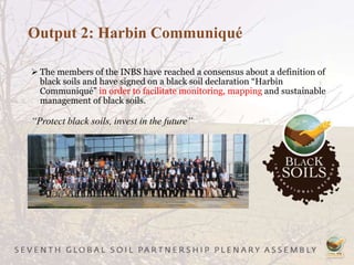 Output 2: Harbin Communiqué
 The members of the INBS have reached a consensus about a definition of
black soils and have signed on a black soil declaration “Harbin
Communiqué” in order to facilitate monitoring, mapping and sustainable
management of black soils.
“Protect black soils, invest in the future”
 