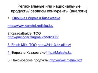 Региональные или национальные
продукты/ сервисы конкуренты (аналоги)
1. Овощная биржа в Казахстане
http://www.kartofel.rediska.kz/
2.Kazadaltraide, ТОО
http://pavlodar.flagma.kz/502006/
3. Fresh Milk, ТОО http://24113.kz.all.biz/
4. Биржа в Казахстане http://Malsatu.kz
5. Пахомовские продукты http://www.melnik.kz/
 