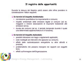 Design e Energy Management – Labmeeting 21
Il registro delle opportunità
 