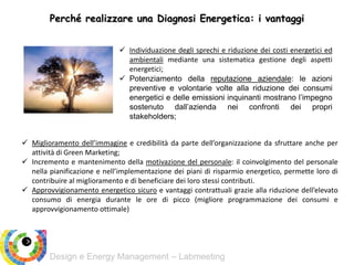 Design e Energy Management – Labmeeting
Perché realizzare una Diagnosi Energetica: i vantaggi
 Miglioramento dell’immagine e credibilità da parte dell’organizzazione da sfruttare anche per
attività di Green Marketing;
 Incremento e mantenimento della motivazione del personale: il coinvolgimento del personale
nella pianificazione e nell’implementazione dei piani di risparmio energetico, permette loro di
contribuire al miglioramento e di beneficiare dei loro stessi contributi.
 Approvvigionamento energetico sicuro e vantaggi contrattuali grazie alla riduzione dell’elevato
consumo di energia durante le ore di picco (migliore programmazione dei consumi e
approvvigionamento ottimale)
 Individuazione degli sprechi e riduzione dei costi energetici ed
ambientali mediante una sistematica gestione degli aspetti
energetici;
 Potenziamento della reputazione aziendale: le azioni
preventive e volontarie volte alla riduzione dei consumi
energetici e delle emissioni inquinanti mostrano l’impegno
sostenuto dall’azienda nei confronti dei propri
stakeholders;
 