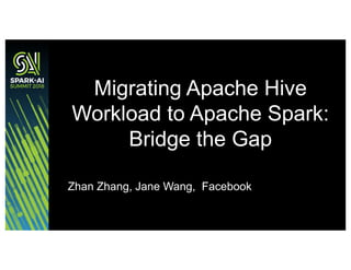 Zhan Zhang, Jane Wang, Facebook
Migrating Apache Hive
Workload to Apache Spark:
Bridge the Gap
 