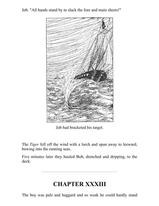Job. "All hands stand by to slack the fore and main sheets!"
Job had bracketed his target.
The Tiger fell off the wind with a lurch and spun away to leeward,
bowing into the running seas.
Five minutes later they hauled Bob, drenched and dripping, to the
deck.
CHAPTER XXXIII
The boy was pale and haggard and so weak he could hardly stand
 
