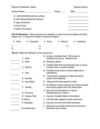 Review of Database Tables                                                    Student Activity

Student Name                                        Period                Date

     9. (555) 555-5555 (phone number)                                   __________________
 10. Pets Allowed/Pets Not Allowed                                      __________________
 11. Age of students                                                    __________________
 12. Cost of trip                                                       __________________
 13. Date of Purchase                                                   __________________

Part IV Directions: Place the parts of a database in order from the smallest unit to the
largest unit. (1 being the smallest, 5 being the largest)

 • Field            • Character         • Entry          • Record            • Database

1.                                3.                               5.
2.                                4.

Part V: Match the definition to the correct term.
                                       A. Is also a true/false field. Will contain a
             1. Field                     checkbox for yes no. Default is No.
             2. Entry                  B. Monetary values
                                       C. Creates fields that automatically enter a unique
             3. Record                    number when a record is added
                                       D. Includes words and/or numbers not used in
             4. Text                      calculations
                                       E. This format is applied to a field that will be
             5. Number                    sorted chronologically
             6. Input Mask             F. Data and formulas keyed in a field
                                       G. An efficient means of storing and retrieving data
             7. Yes/No                    and printing reports from the stored data
                                       H. One item of information in a record.
             8. Currency                  Represented by a column
             9. Lookup Field           I. A group of related fields of information
            10. Memo                   J. A format often applied to dates and times
            11. Database               K. Like text, but max of 64,000 characters
                                       L. Allows you to create a finite set of choices for
            12. AutoNumber                that field’s entry values
 