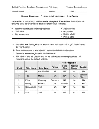 Guided Practice: Database Management: Anti-Virus                   Teacher Demonstration

Student Name                                Period                    Date

            GUIDED PRACTICE: DATABASE MANAGEMENT: ANTI-VIRUS
Directions: In this activity, you will follow along with your teacher to complete the
following tasks as you create a database of anti-virus software:

• Determine data types and field properties              •    Add captions
• Enter data                                             •    Add a field
• Use AutoNumber                                         •    Delete a field
                                                         •    Print a table


 1. Open the Anti-Virus_Student database that has been sent to you electronically
    by your teacher.
 2. Save the database in your directory according to teacher directions
 3. Open the Anti-Virus_Student database table
 4. Add fields 1 and 3-6 (below) and set the data types and field properties. NA
    means to accept the default settings.
                                                             Field Properties
                                                             Field     Decimal
                                              Format                             Caption
      Field     Field Name      Data Type                    Size      Places
       1.       No             AutoNumber        NA           NA         NA        NA
       2.                                                                        Software
                Title          Memo              NA           NA         NA
                                                                                 Title
       3.       Price          Currency       Currency        NA         NA        NA
       4.       Rating         Number            NA       Decimal         2        NA
       5.       Compatibilit   Text              NA           NA         NA        NA
                y
       6.       Size           Text              NA           NA         NA        NA
 