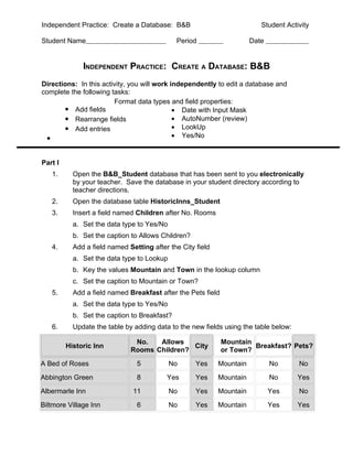 Independent Practice: Create a Database: B&B                              Student Activity

Student Name                                  Period                   Date


              INDEPENDENT PRACTICE: CREATE A DATABASE: B&B
Directions: In this activity, you will work independently to edit a database and
complete the following tasks:
                        Format data types and field properties:
       • Add fields                          • Date with Input Mask
       • Rearrange fields                    • AutoNumber (review)
       • Add entries                         • LookUp
 •                                           • Yes/No


Part I
   1.      Open the B&B_Student database that has been sent to you electronically
           by your teacher. Save the database in your student directory according to
           teacher directions.
   2.      Open the database table HistoricInns_Student
   3.      Insert a field named Children after No. Rooms
           a. Set the data type to Yes/No
           b. Set the caption to Allows Children?
   4.      Add a field named Setting after the City field
           a. Set the data type to Lookup
           b. Key the values Mountain and Town in the lookup column
           c. Set the caption to Mountain or Town?
   5.      Add a field named Breakfast after the Pets field
           a. Set the data type to Yes/No
           b. Set the caption to Breakfast?
   6.      Update the table by adding data to the new fields using the table below:

                               No.   Allows                   Mountain
         Historic Inn                         City                     Breakfast? Pets?
                              Rooms Children?                 or Town?
A Bed of Roses                  5           No      Yes     Mountain          No      No
Abbington Green                 8         Yes       Yes     Mountain          No      Yes
Albermarle Inn                 11           No      Yes     Mountain          Yes     No
Biltmore Village Inn            6           No      Yes     Mountain          Yes     Yes
 
