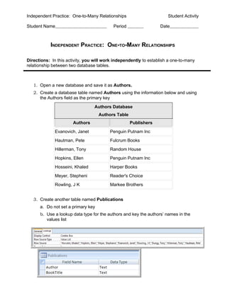 Independent Practice: One-to-Many Relationships                       Student Activity

Student Name                               Period                 Date



           INDEPENDENT PRACTICE: ONE-TO-MANY RELATIONSHIPS

Directions: In this activity, you will work independently to establish a one-to-many
relationship between two database tables.



   1. Open a new database and save it as Authors.
   2. Create a database table named Authors using the information below and using
      the Authors field as the primary key

                                 Authors Database
                                    Authors Table
                       Authors                      Publishers
              Evanovich, Janet           Penguin Putnam Inc
              Hautman, Pete              Fulcrum Books
              Hillerman, Tony            Random House
              Hopkins, Ellen             Penguin Putnam Inc
              Hosseini, Khaled           Harper Books
              Meyer, Stepheni            Reader's Choice
              Rowling, J K               Markee Brothers


   3. Create another table named Publications
      a. Do not set a primary key
      b. Use a lookup data type for the authors and key the authors’ names in the
         values list
 