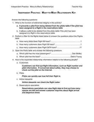 Independent Practice: Many-to-Many Relationships                                          Teacher Key


        INDEPENDENT PRACTICE: MANY-TO-MANY RELATIONSHIPS KEY

Answer the following questions:
 1. What is the function of referential integrity in this activity?
      a. It prevents a pilot from being deleted from the pilots table if the pilot has
         been assigned to a flight in the reservations table
      b. It allows a pilot to be deleted from the pilots table if the pilot has been
         assigned to a flight in the reservations table
 2. Perform a filter for the flights listed below to answer the questions about the Flights
    table
      a. How many pilots does Flight 99 have? ..........................................................1
      b. How many customers does Flight 99 have? .................................................1
      c. How many customers does Flight 5474 have? ...........................................11
 3. Open the Pilots table and answer the following questions:
      a. Which pilot has the most passengers? .........................................Dan Motley
      b. Which pilot has the least? ..........................................................Debra Young
 4. How is the expanded relationship information helpful to the following people?
      a. Customers
              Customers can find out flight information, such as flight number and
              pilot information. If concerned about safety, they may choose to
              check out the pilot on the Internet.
      b. Pilots
              Pilots can quickly see how full their flight is
      c. Airline stewards
              Airline stewards can check the flight roster
      d. Reservations specialists
              Reservations specialists can view flight data to find out how many
              spaces are left and answer customer inquiries about flight arrival
              and departure times
 
