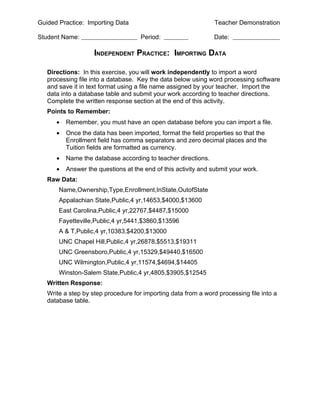 Guided Practice: Importing Data                                 Teacher Demonstration

Student Name:                        Period:                    Date:

                    INDEPENDENT PRACTICE: IMPORTING DATA

   Directions: In this exercise, you will work independently to import a word
   processing file into a database. Key the data below using word processing software
   and save it in text format using a file name assigned by your teacher. Import the
   data into a database table and submit your work according to teacher directions.
   Complete the written response section at the end of this activity.
   Points to Remember:
      •   Remember, you must have an open database before you can import a file.
      •   Once the data has been imported, format the field properties so that the
          Enrollment field has comma separators and zero decimal places and the
          Tuition fields are formatted as currency.
      •   Name the database according to teacher directions.
      •   Answer the questions at the end of this activity and submit your work.
   Raw Data:
       Name,Ownership,Type,Enrollment,InState,OutofState
       Appalachian State,Public,4 yr,14653,$4000,$13600
       East Carolina,Public,4 yr,22767,$4487,$15000
       Fayetteville,Public,4 yr,5441,$3860,$13596
       A & T,Public,4 yr,10383,$4200,$13000
       UNC Chapel Hill,Public,4 yr,26878,$5513,$19311
       UNC Greensboro,Public,4 yr,15329,$49440,$16500
       UNC Wilmington,Public,4 yr,11574,$4694,$14405
       Winston-Salem State,Public,4 yr,4805,$3905,$12545
   Written Response:
   Write a step by step procedure for importing data from a word processing file into a
   database table.
 