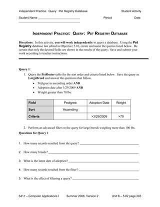Independent Practice: Query: Pet Registry Database                                Student Activity

Student Name                                                        Period                   Date




           INDEPENDENT PRACTICE: QUERY: PET REGISTRY DATABASE

Directions: In this activity, you will work independently to query a database. Using the Pet
Registry database last edited in Objective 5.01, create and name the queries listed below. Be
certain that only the desired fields are shown in the results of the query. Save and submit your
work according to teacher instructions.




Query 1:
   1. Query the PetRoster table for the sort order and criteria listed below. Save the query as
       LargeBreed and answer the questions that follow.
           •   Pedigree in ascending order AND
           •   Adoption date after 3/29/2009 AND
           •   Weight greater than 70 lbs.


       Field                        Pedigree            Adoption Date         Weight

       Sort                         Ascending

       Criteria                                           >3/29/2009            >70


   2. Perform an advanced filter on the query for large breeds weighing more than 100 lbs.
Questions for Query 1


1. How many records resulted from the query?


2. How many breeds?


3. What is the latest date of adoption?


4. How many records resulted from the filter?


5. What is the effect of filtering a query?




6411 – Computer Applications I        Summer 2008, Version 2              Unit B – 5.02 page 203
 