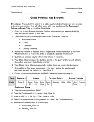 Guided Practice: Add Subforms
                                                                        Teacher Demonstration

 Student Name                                                       Period                  Date


                            GUIDED PRACTICE: ADD SUBFORMS

 Directions: The goal of this activity is to add a subform to the Customers form created
 in the previous activity. You will follow along with your teacher and the Forms and
 Subforms PowerPoint to complete this activity.
  1. Open the United Grocers database that has been sent to you electronically by
        your teacher and save it to your files
  2. The United Grocers database should contain four tables (Slide 2):
              a. Purchase Orders
              b. Orders
              c.   Customers
              d. Grocery Products
  3. Before the subform is created, it must be planned. What information is desired?
     What information is required in order to extract the desired information?
  4. Queries are an easy way to extract data for use in subforms.
  5. View Slide 3 to understand the building blocks of the query and how each table is
     dependent upon and related to its neighbor.
  6. View Slides 4 and 5 to understand why certain fields are required in the query.
  7. One additional field must be included in the query so that the subform will
        communicate with the main form. View Slide 6.
  8. Create a query using the tables and fields below and save the query as

Table     Customers             Orders              Purchase Orders           Grocery Products

Field       Store ID    Store   Order    Order   Order   Quantity   ISBN     ISBN   Unit    Product
                         ID      No      Date     No.                               Price
        Customers Query
  9. View the query results on Slide 7
 10. Open the Customers form in design view (Slide 8)
 11. Insert a subform to the right of the customer data
 12. Select the option to use existing queries and select the Customers Query
 13. Include the following fields from the query:
              a. Customers_Store ID
              b. Orders_Order No
 