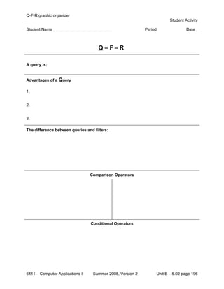 Q-F-R graphic organizer
                                                                        Student Activity

Student Name                                                Period               Date



                                     Q–F–R

A query is:


Advantages of a Query

1.


2.


3.

The difference between queries and filters:




                                 Comparison Operators




                                 Conditional Operators




6411 – Computer Applications I     Summer 2008, Version 2        Unit B – 5.02 page 196
 