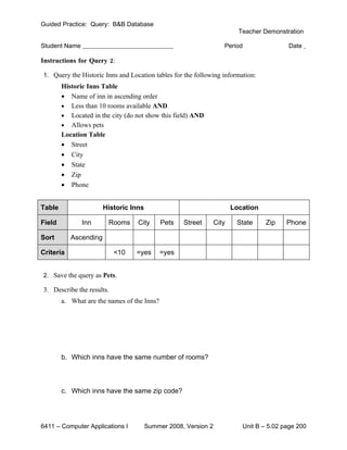 Guided Practice: Query: B&B Database
                                                                         Teacher Demonstration

Student Name                                                       Period                Date

Instructions for Query 2:

1. Query the Historic Inns and Location tables for the following information:
        Historic Inns Table
        • Name of inn in ascending order
        • Less than 10 rooms available AND
        • Located in the city (do not show this field) AND
        • Allows pets
        Location Table
        • Street
        • City
        • State
        • Zip
        • Phone


Table                  Historic Inns                                   Location

Field          Inn      Rooms     City       Pets   Street      City    State     Zip    Phone

Sort       Ascending

Criteria                   <10    =yes       =yes


2. Save the query as Pets.

3. Describe the results.
        a. What are the names of the Inns?




        b. Which inns have the same number of rooms?



        c. Which inns have the same zip code?




6411 – Computer Applications I         Summer 2008, Version 2             Unit B – 5.02 page 200
 