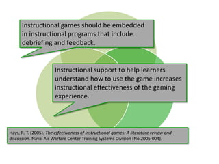 © 2013 Game On! Learning – all rights reserved
30
Engagement
PedagogyGame
Educational
Simulation
Instructional games should be embedded
in instructional programs that include
debriefing and feedback.
Instructional support to help learners
understand how to use the game increases
instructional effectiveness of the gaming
experience.
Hays, R. T. (2005). The effectiveness of instructional games: A literature review and
discussion. Naval Air Warfare Center Training Systems Division (No 2005-004).
 
