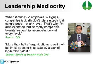 © 2013 Game On! Learning – all rights reserved
41
“When it comes to employee skill gaps,
companies typically don’t tolerate technical
competence – at any level. That’s why I’m
always baffled that so many companies
tolerate leadership incompetence – at
every level.”
Source: DDI
“More than half of organizations report their
business is being held back by a lack of
leadership talent.”
Source: Bersin by Deloitte study, 2011
Leadership Mediocrity
#CLOgameon
 