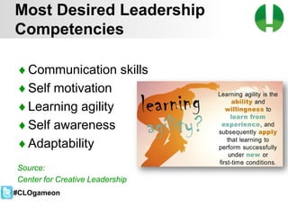 © 2013 Game On! Learning – all rights reserved
42
♦Communication skills
♦Self motivation
♦Learning agility
♦Self awareness
♦Adaptability
Source:
Center for Creative Leadership
Most Desired Leadership
Competencies
#CLOgameon
 