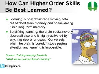 © 2013 Game On! Learning – all rights reserved
47
♦ Learning is best defined as moving data
out of short-term memory and consolidating
it into long-term memory.
♦ Solidifying learning: the brain seeks novelty
above all else and is highly activated by
anything new or unusual. Conversely,
when the brain is bored, it stops paying
attention and learning is impossible.
Source: Training Industry Quarterly
“What We’ve Learned About Learning”
How Can Higher Order Skills
Be Best Learned?
#CLOgameon
 