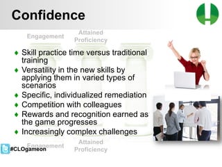 © 2013 Game On! Learning – all rights reserved
53
Confidence
♦ Skill practice time versus traditional
training
♦ Versatility in the new skills by
applying them in varied types of
scenarios
♦ Specific, individualized remediation
♦ Competition with colleagues
♦ Rewards and recognition earned as
the game progresses
♦ Increasingly complex challenges
Engagement
Engagement
Attained
Proficiency
Attained
Proficiency#CLOgameon
 