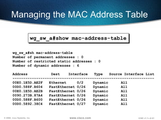 Managing the MAC Address Table wg_sw_a#sh mac-address-table Number of permanent addresses : 0 Number of restricted static addresses : 0 Number of dynamic addresses : 6 Address  Dest  Interface  Type  Source Interface List ------------------------------------------------------------------ 00E0.1E5D.AE2F  Ethernet  0/2  Dynamic  All 00D0.588F.B604  FastEthernet 0/26  Dynamic  All 00E0.1E5D.AE2B  FastEthernet 0/26  Dynamic  All 0090.273B.87A4  FastEthernet 0/26  Dynamic  All 00D0.588F.B600  FastEthernet 0/26  Dynamic  All 00D0.5892.38C4  FastEthernet 0/27  Dynamic  All wg_sw_a#show mac-address-table 