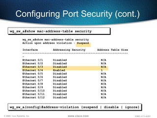 Configuring Port Security (cont.) wg_sw_a#show mac-address-table security wg_sw_a(config)#address-violation {suspend | disable | ignore} wg_sw_a#show mac-address-table security Action upon address violation : Suspend Interface  Addressing Security  Address Table Size --------------------------------------------------------------- Ethernet 0/1  Disabled  N/A Ethernet 0/2  Disabled  N/A Ethernet 0/3  Disabled  N/A Ethernet 0/4  Enabled  1 Ethernet 0/5  Disabled  N/A Ethernet 0/6  Disabled  N/A Ethernet 0/7  Disabled  N/A Ethernet 0/8  Disabled  N/A Ethernet 0/9  Disabled  N/A Ethernet 0/10  Disabled  N/A Ethernet 0/11  Disabled  N/A Ethernet 0/12  Disabled  N/A 