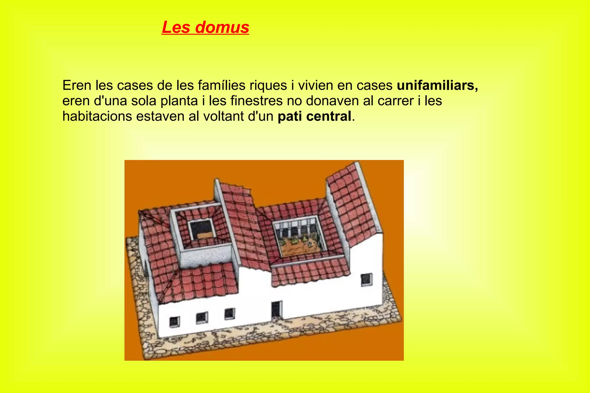 Les domus Eren les cases de les famílies riques i vivien en cases  unifamiliars,  eren d'una sola planta i les finestres no donaven al carrer i les habitacions estaven al voltant d'un  pati central . 