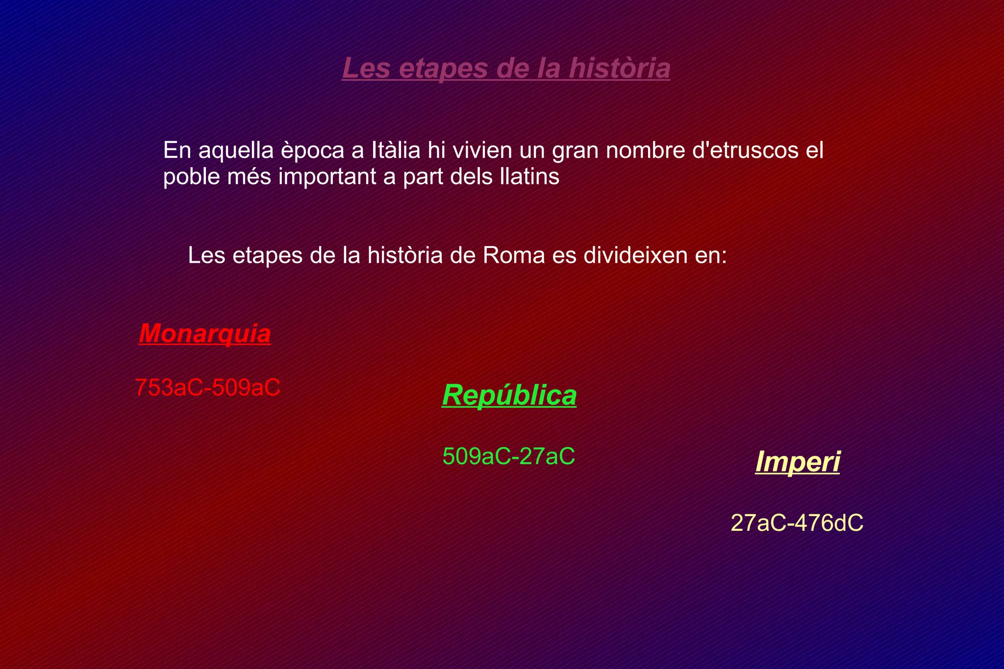 Les etapes de la història Monarquia   753aC-509aC República 509aC-27aC Imperi 27aC-476dC En aquella època a Itàlia hi vivien un gran nombre d'etruscos el poble més important a part dels llatins Les etapes de la història de Roma es divideixen en: 