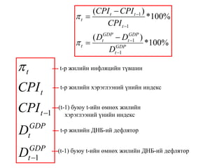 (CPI t − CPI t −1 )
                   πt =                     *100%
                           CPI t −1
                          (D GDP
                                   −D      GDP
                                                 )
                   πt =     t
                                    GDP
                                          t −1
                                                     *100%
                               D   t −1


πt         --- t-р жилийн инфляцийн түвшин


CPI t      --- t-р жилийн хэрэглээний үнийн индекс


CPI t −1 ---(t-1) буюу t-ийнүнийн индекс
               хэрэглээний
                             өмнөх жилийн


    GDP
D  t
           --- t-р жилийн ДНБ-ий дефлятор

    GDP
D  t −1
           ---(t-1) буюу t-ийн өмнөх жилийн ДНБ-ий дефлятор
 