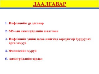 1. Инфляцийн үр дагавар

2. МУ-ын ажилгүйдлийн шалтгаан

3. Инфляцийг эдийн засаг-нийгэмд хоргүйгээр бууруулах
   арга замууд

4. Филипсийн муруй

5. Ажилгүйдлийн зардал
 