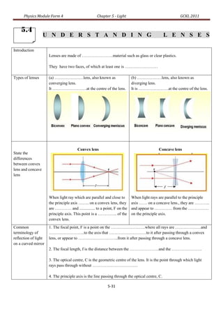 Physics Module Form 4                         Chapter 5 - Light                                    GCKL 2011


    5.4
                   U N D E R S T A N D I N G                                                     L E N S E S

Introduction
                      Lenses are made of …………………..material such as glass or clear plastics.

                      They have two faces, of which at least one is ……………………

Types of lenses       (a) …………………lens, also known as                      (b) ………………lens, also known as
                      converging lens.                                    diverging lens.
                      It …………………….at the centre of the lens.              It is ………………….at the centre of the lens.




                                        Convex lens                                        Concave lens
State the
differences
between convex
lens and concave
lens




                      When light ray which are parallel and close to      When light rays are parallel to the principle
                      the principle axis …….. on a convex lens, they      axis …… on a concave lens., they are ………..
                      are ………… and ............... to a point, F on the   and appear to …………. from the ……………
                      principle axis. This point is a ………….. of the       on the principle axis.
                      convex lens.
Common                1. The focal point, F is a point on the …………………….where all rays are ……………….and
terminology of        ……………………..to the axis that ………………………to it after passing through a convex
reflection of light   lens, or appear to ………………………..from it after passing through a concave lens.
on a curved mirror
                      2. The focal length, f is the distance between the …………………and the ………………….

                      3. The optical centre, C is the geometric centre of the lens. It is the point through which light
                      rays pass through without ……………………………

                      4. The principle axis is the line passing through the optical centre, C.

                                                           5-31
 