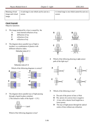 Physics Module Form 4                       Chapter 5 - Light                                     GCKL 2011

Meaning of real       A real imge is one which can be cast on a         A virtual imge is one which cannot be cast on a
image and virtual     screen.                                           screen.
image



Check Yourself:
Objective Question:

1   The image produced by a lens is caused by the
      A       total internal reflaction of ray
      B       diffraction of ray
      C       refraction of ray
      D       reflection of ray

2   The diagram shows parallel rays of light is
    incident to a combination of plastics with
    different refractive index.




                                                                  4   Which of the following drawing is not correct
                                                                      path of the light rays?


       Which of the following diagrams is correct?




                                                                  5   Which of the following is true?
3   The diagram shows parallel rays of light passing
    through a liquid in glass container.                              A The unit of the power of lens is Watt
    [ The refractive index of the liquid = 1.35 ]                     B The power of a convex lens is negative
                                                                      C A lens with a shorter focal length has a
                                                                        lower power
                                                                      D The rays of light passes through the optical
                                                                        centre of lens without any refraction


    Which of the following diagrams is true?



                                                         5-36
 