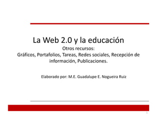 La Web 2.0 y la educaciónOtros recursos:Gráficos, Portafolios, Tareas, Redes sociales, Recepción de información, Publicaciones.  Elaborado por: M.E. Guadalupe E. Nogueira Ruiz  1 
