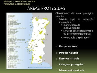 PROTECÇÃO E CONSERVAÇÃO DA NATUREZA
PRESERVAÇÃO DA BIODIVERSIDADE
ÁREAS PROTEGIDAS
In: http://www.icnf.pt/portal/naturaclas/ap/rnap
Classificação de área protegida
permite:
 Estatuto legal de protecção
adequado a:
 manutenção da
biodiversidade;
 serviços dos ecossistemas e
do património geológico;
 valorização da paisagem.
o Parque nacional
o Parques naturais
o Reservas naturais
o Paisagens protegidas
o Monumentos naturais
 