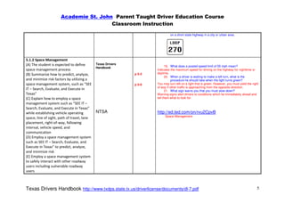 Academie St. John Parent Taught Driver Education Course
                                       Classroom Instruction

                                                                              on a short state highway in a city or urban area.




5.1.2 Space Management
(A) The student is expected to define        Texas Drivers
                                             Handbook                      19. What does a posted speed limit of 55 mph mean?
space management process                                             Indicates the maximum speed for driving on the highway for nighttime or
(B) Summarize how to predict, analyze,                       p 5-2   daytime.
                                                                           20. When a driver is waiting to make a left turn, what is the
and minimize risk factors by utilizing a                                        procedure he should take when the light turns green?
space management system, such as “SEE                        p 5-6   You may turn left on a light that is green. However, you must yield the right
                                                                     of way if other traffic is approaching from the opposite direction.
IT – Search, Evaluate, and Execute in                                      21. What sign warns you that you must slow down?
Texas”                                                               Warning signs alert drivers to conditions which lie immediately ahead and
(C) Explain how to employ a space                                    tell them what to look for.
management system such as “SEE IT –
Search, Evaluate, and Execute in Texas”
while establishing vehicle operating         NTSA                    http://ed.ted.com/on/rvu2CpvB
                                                                          Space Management
space, line of sight, path of travel, lane
placement, right-of-way, following
interval, vehicle speed, and
communication
(D) Employ a space management system
such as SEE IT – Search, Evaluate, and
Execute in Texas” to predict, analyze,
and minimize risk
(E) Employ a space management system
to safely interact with other roadway
users including vulnerable roadway
users



Texas Drivers Handbook http://www.txdps.state.tx.us/driverlicense/documents/dl-7.pdf                                                            5
 