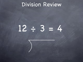 Division Review



12 ÷ 3 = 4
 