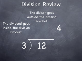 Division Review
                   The divisor goes
                  outside the division
                        bracket.
The dividend goes
inside the division
     bracket.
                                     4
             3          12
 