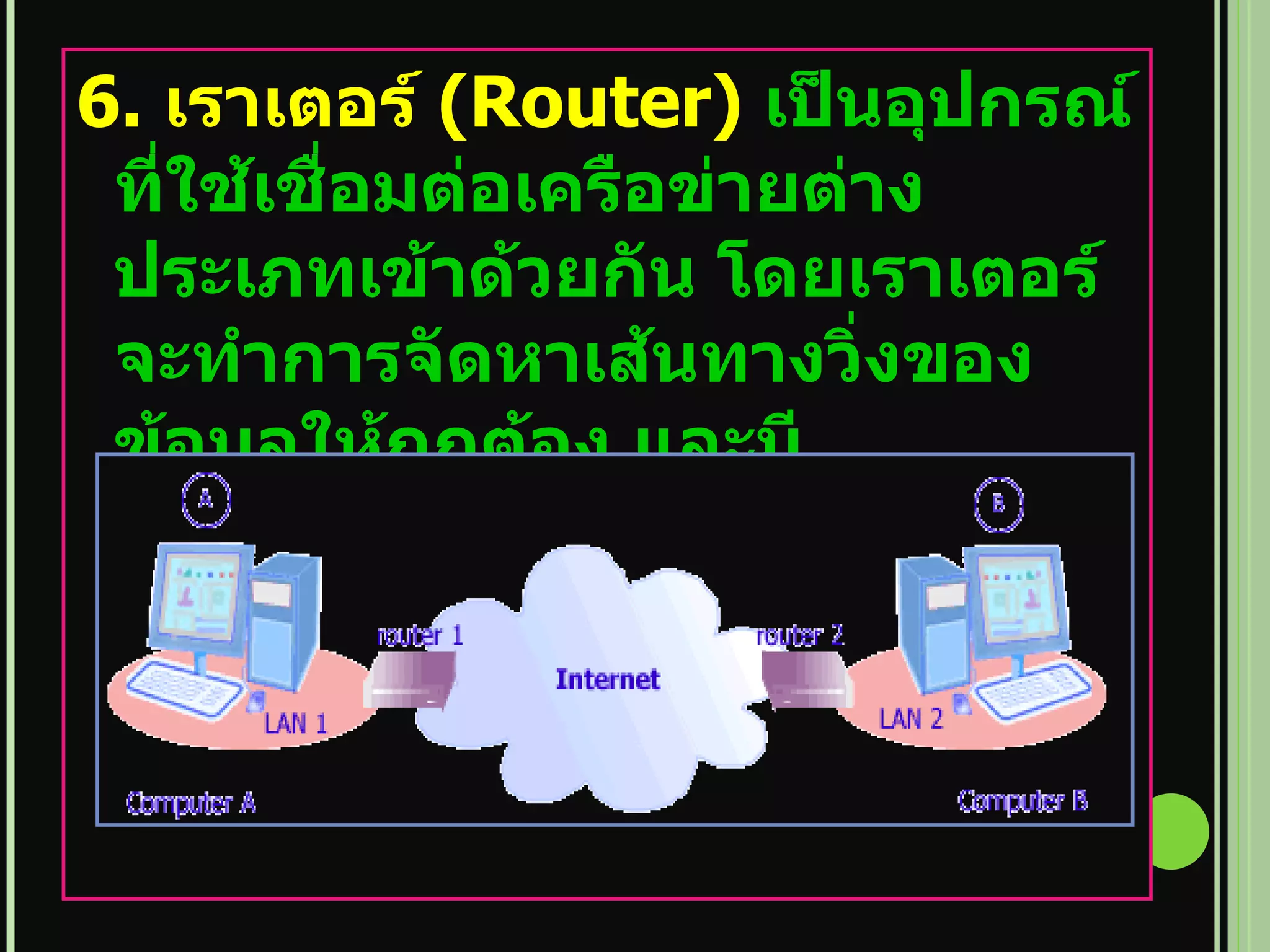 6.  เราเตอร์   (Router)  เป็นอุปกรณ์ที่ใช้เชื่อมต่อเครือข่ายต่างประเภทเข้าด้วยกัน โดยเราเตอร์จะทำการจัดหาเส้นทางวิ่งของข้อมูลให้ถูกต้อง และมีประสิทธิภาพที่สุด 