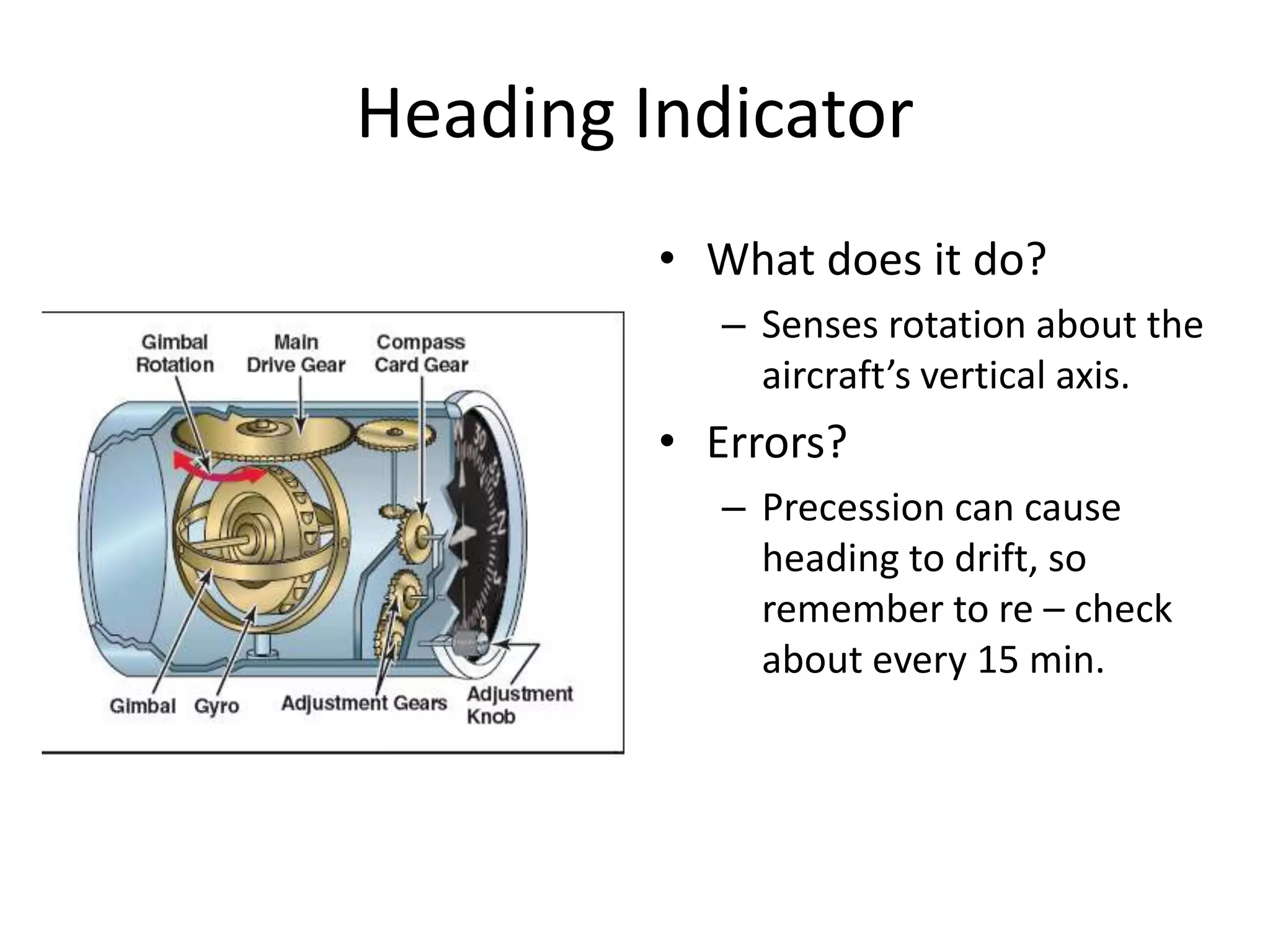 Heading Indicator
         • What does it do?
            – Senses rotation about the
              aircraft’s vertical axis.
         • Errors?
            – Precession can cause
              heading to drift, so
              remember to re – check
              about every 15 min.
 